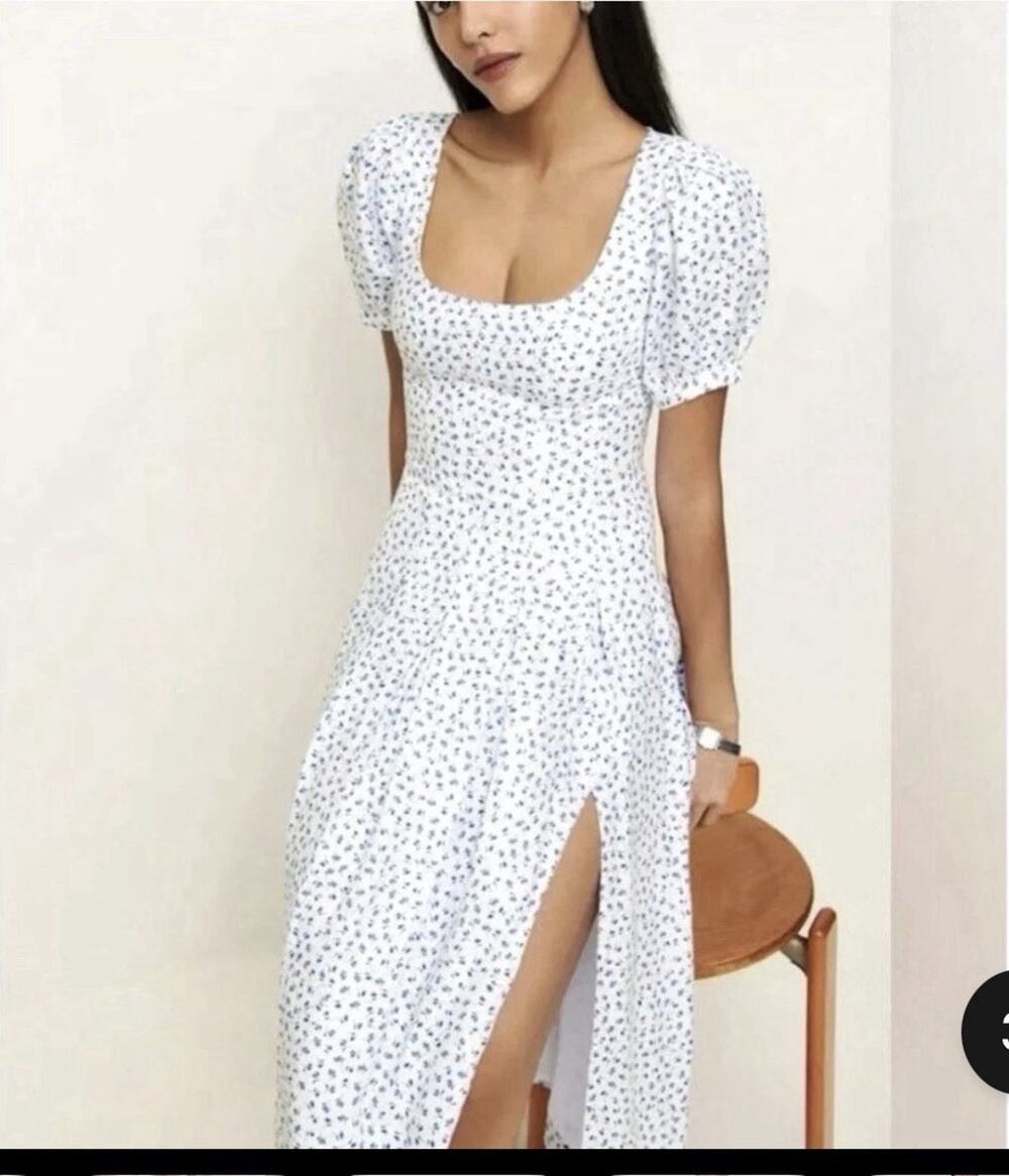 NEW Reformation Coucou Midi Linen Dress Hanna White Blue Floral | US 8